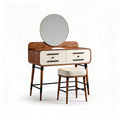 Modern wooden vanity set with circular mirror and cushioned stool 90 x 40 x 75cm