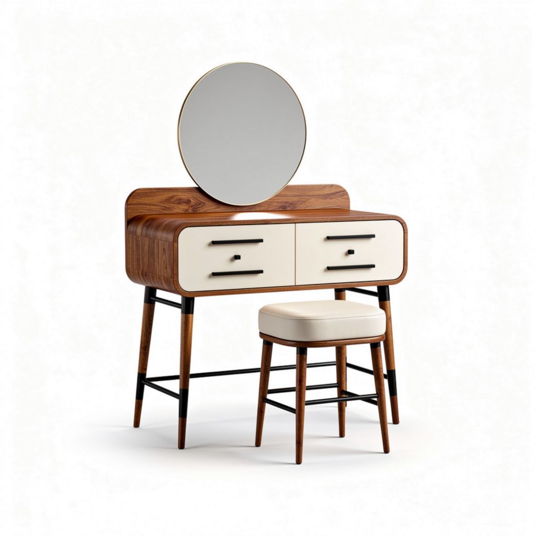 Modern wooden vanity set with circular mirror and cushioned stool 90 x 40 x 75cm
