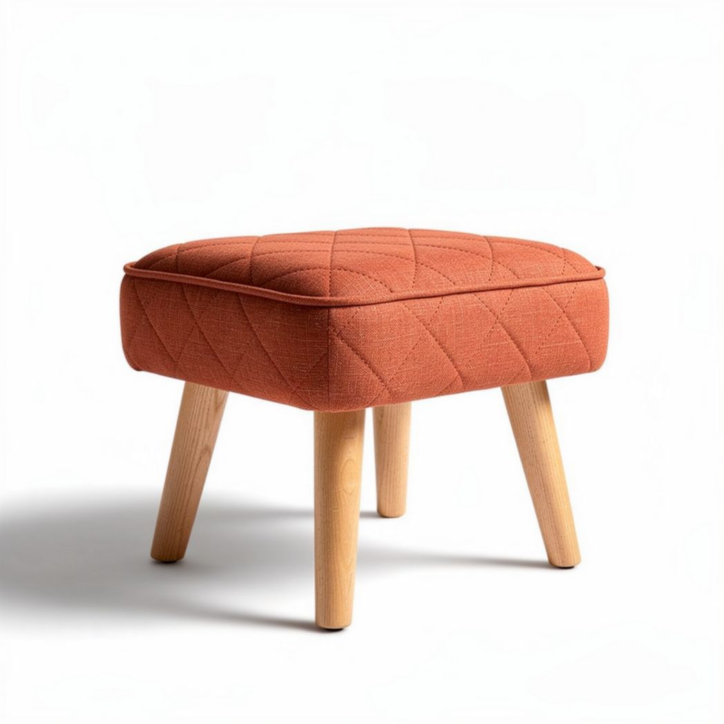 Quilted fabric ottoman with wooden legs in orange 40 x 40 x 30cm
