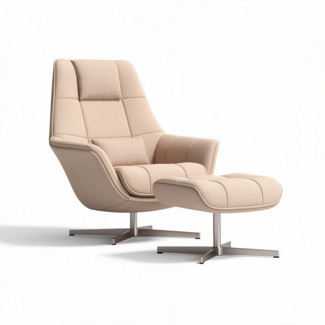 Contemporary lounge chair with ottoman in beige fabric and metal base