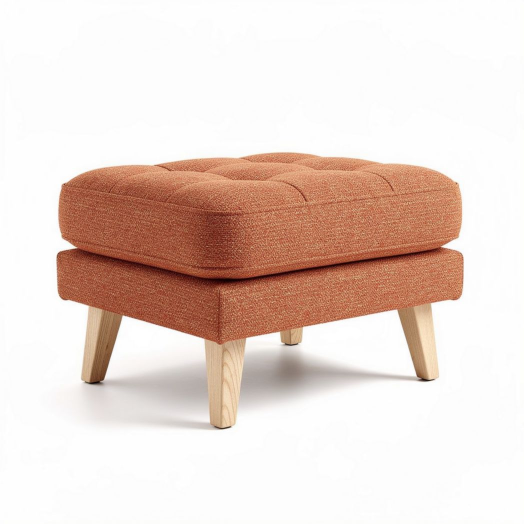 Upholstered ottoman in orange fabric with wooden legs 45 x 45 x 40cm