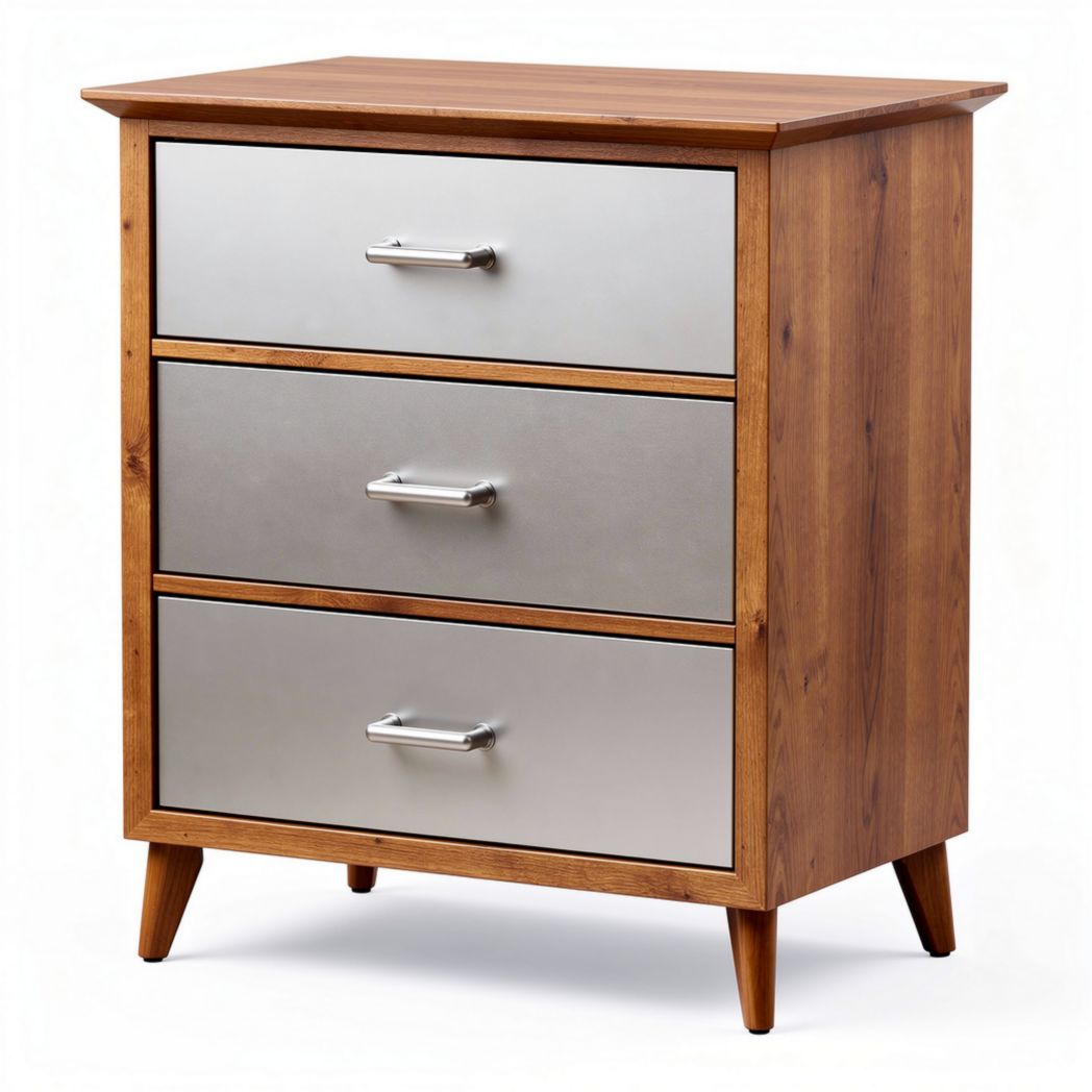 Wooden nightstand with three drawers and metal front panels 40 x 30 x 70cm