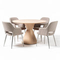 Round dining table with wooden base and upholstered chairs in beige 90 x 90 x 75cm