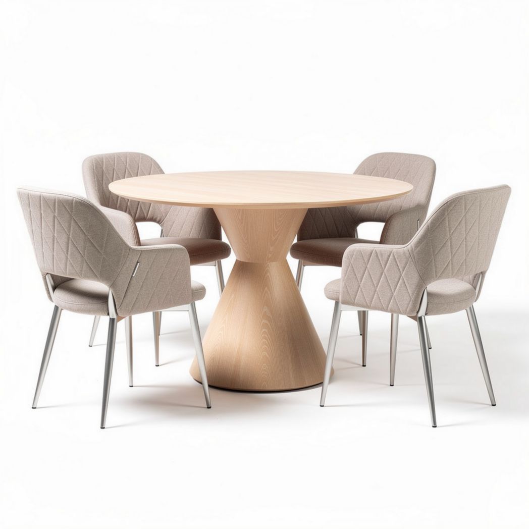 Round dining table with wooden base and upholstered chairs in beige 90 x 90 x 75cm