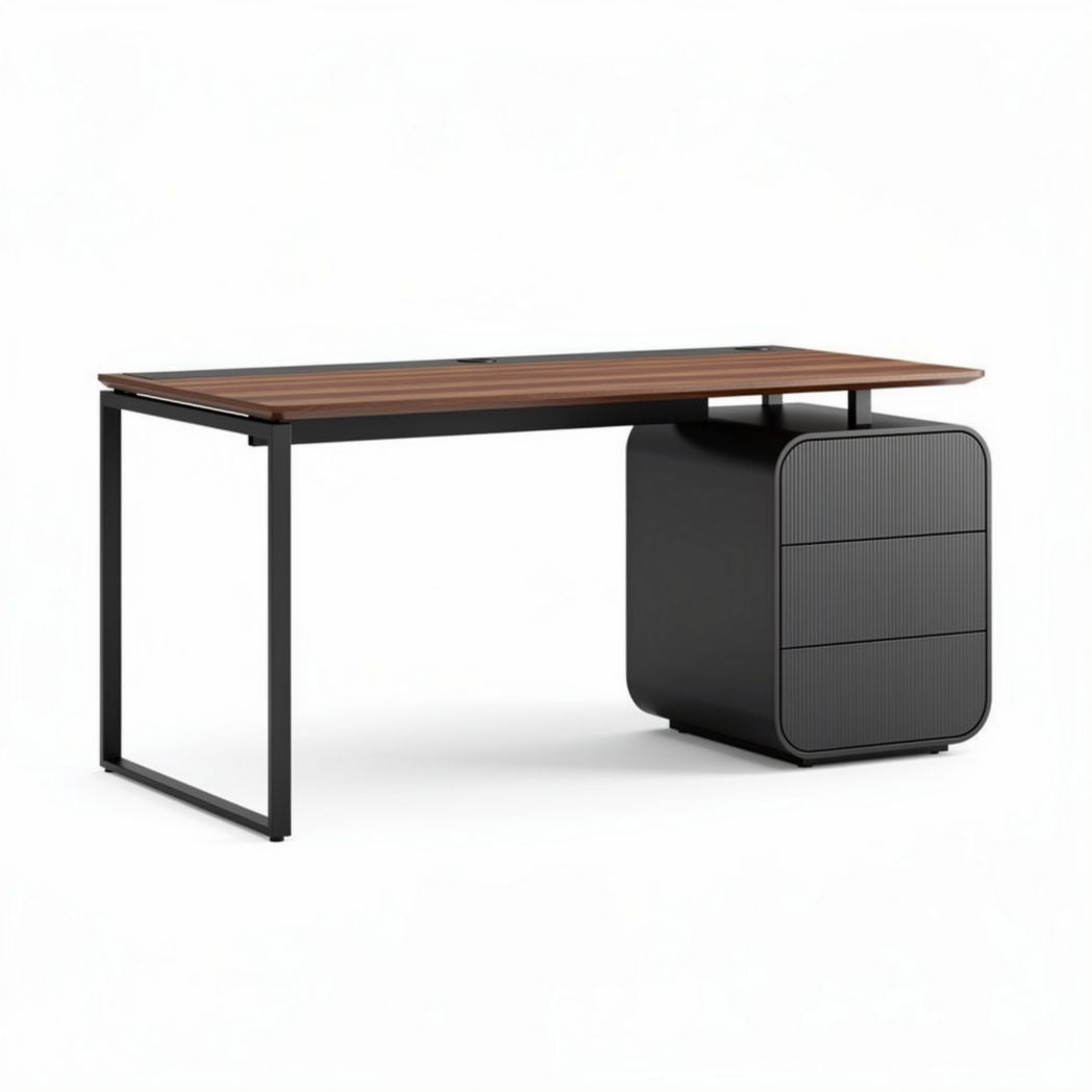Modern wooden desk with metal frame and three-drawer pedestal 140 x 70 x 75cm