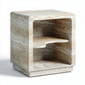 Marble bedside table with open storage design in natural beige color 40 x 40 x 45cm