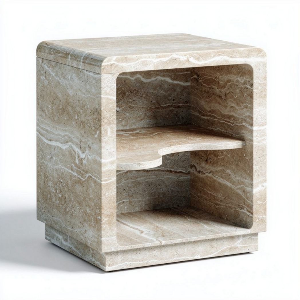 Marble bedside table with open storage design in natural beige color 40 x 40 x 45cm