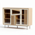Glass door storage cabinet with wooden frame in gray and natural finish 80 x 40 x 180cm