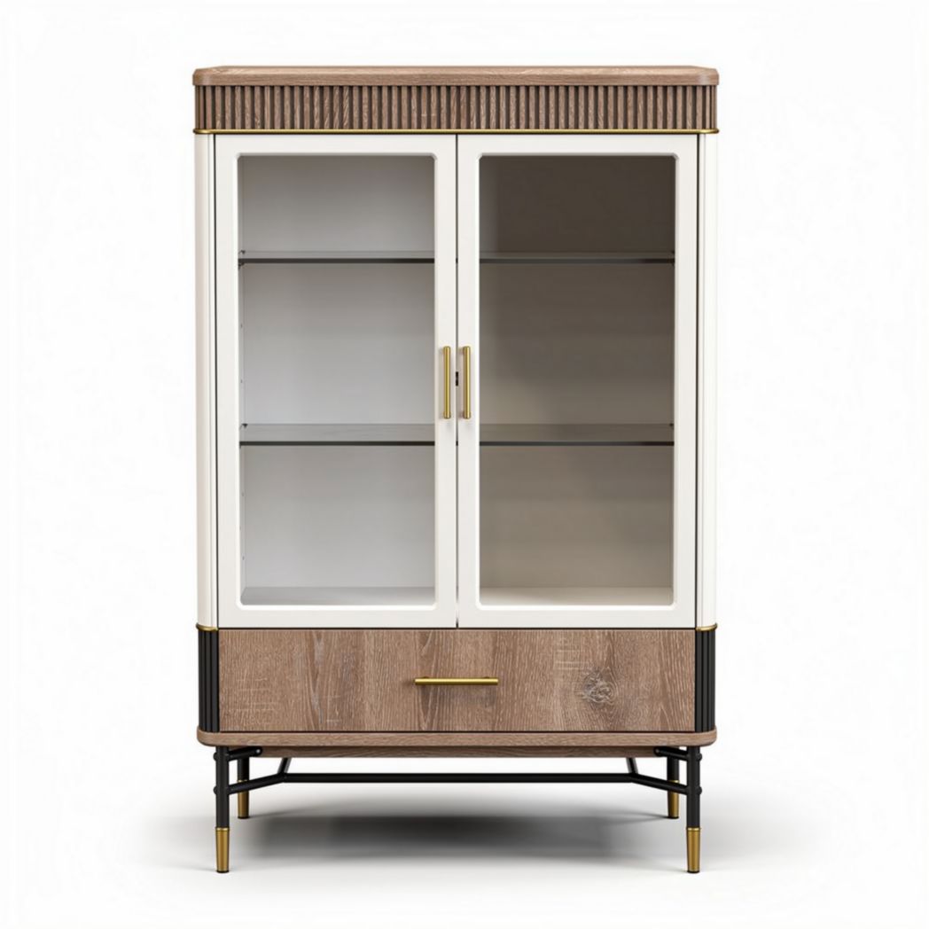 Glass display cabinet with wooden frame and metal base 80 x 40 x 120cm