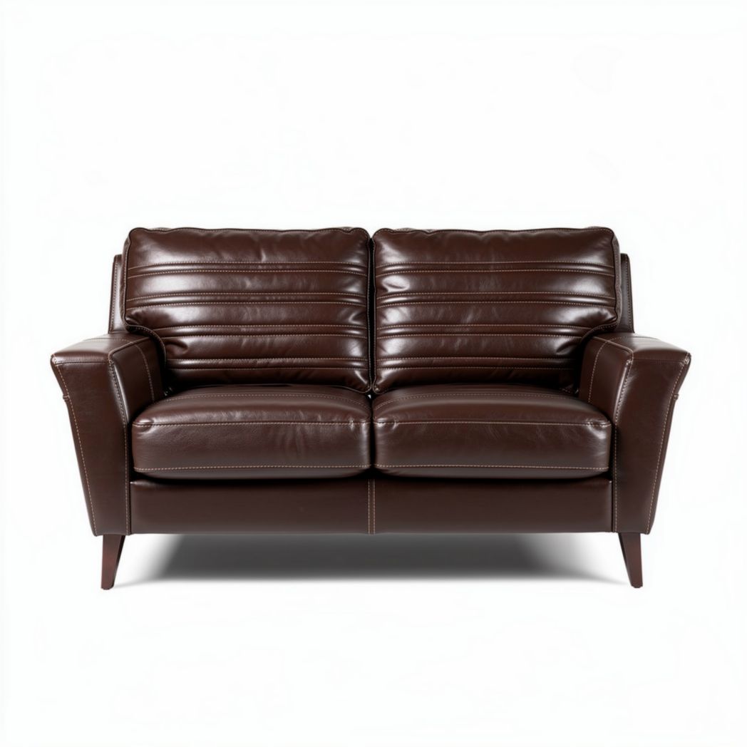 Brown leather loveseat with cushion backrest and wood legs 180 x 90 x 85cm
