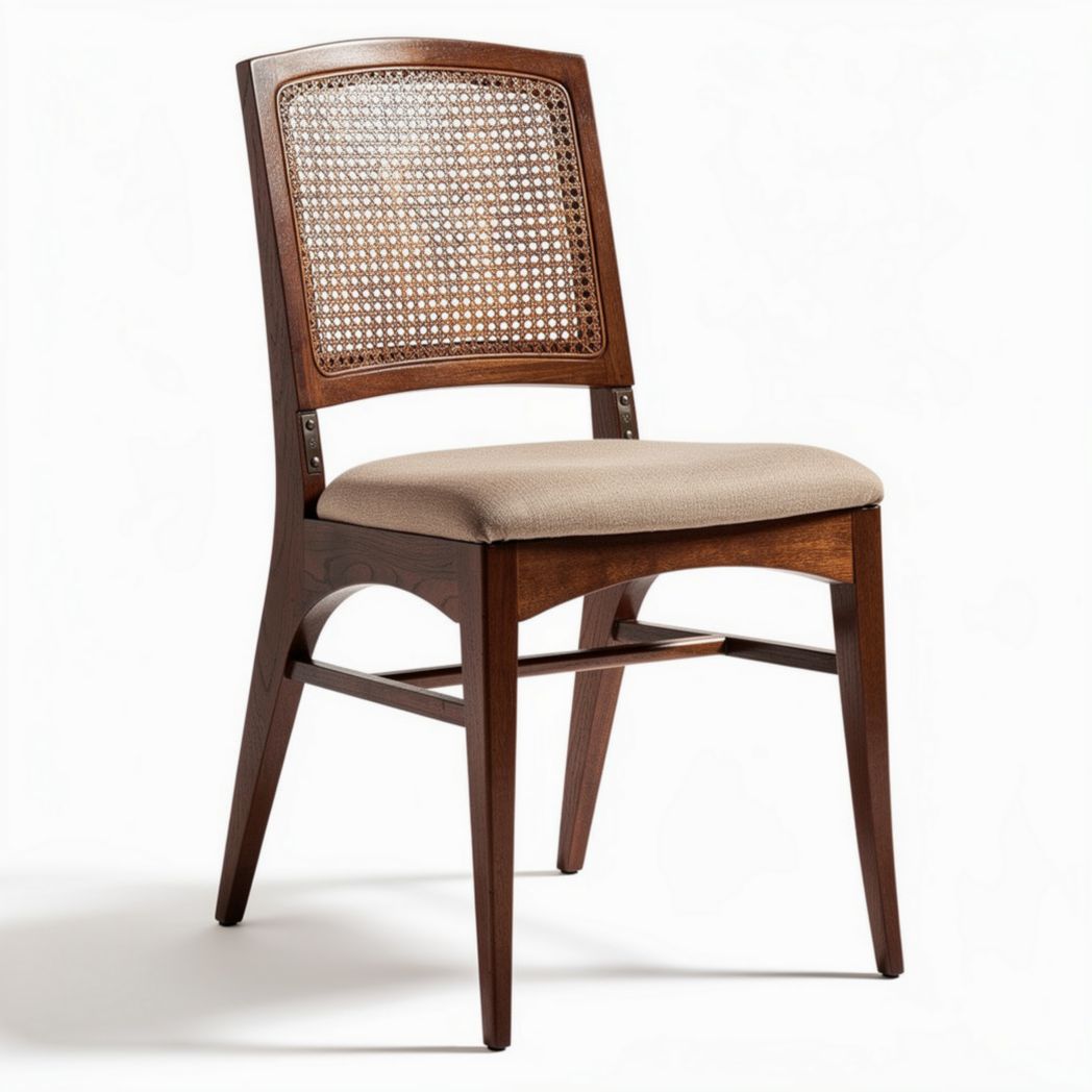 Wooden dining chair with upholstered seat and cane backrest in brown 45 x 45 x 90cm