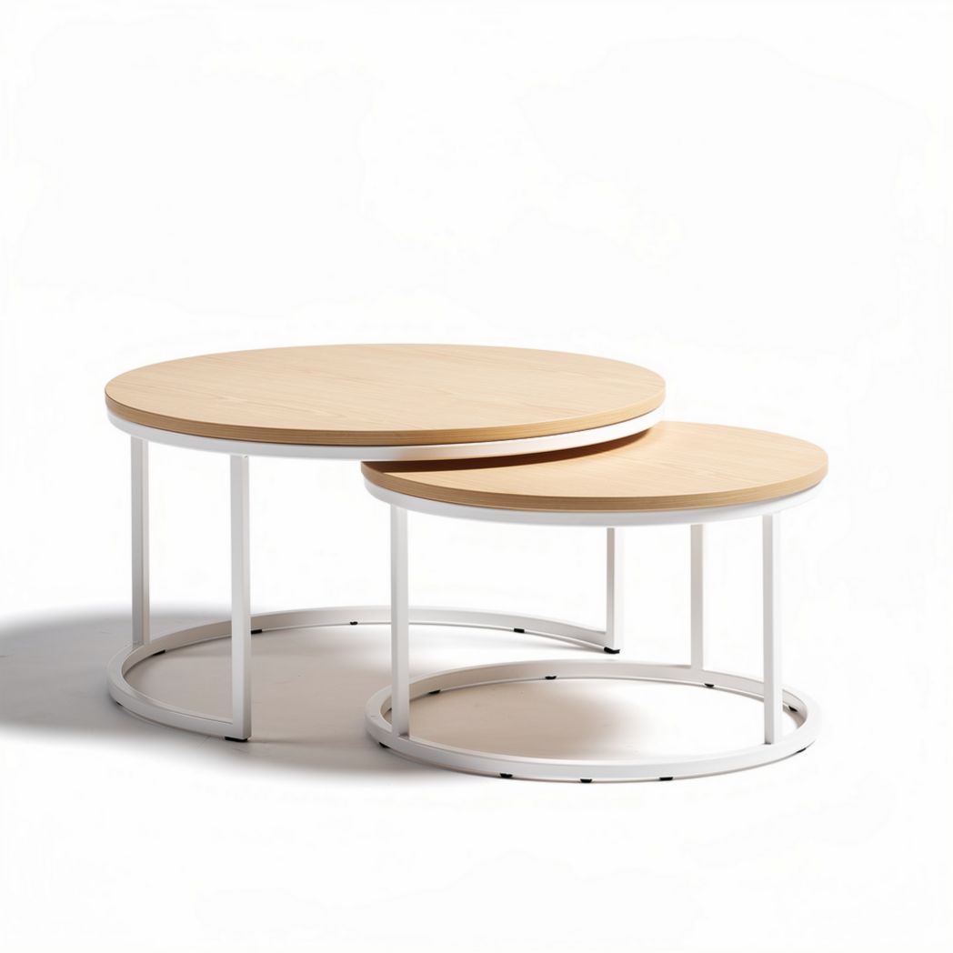 Round nested coffee tables made of wood and metal in natural color 40 x 40 x 30cm